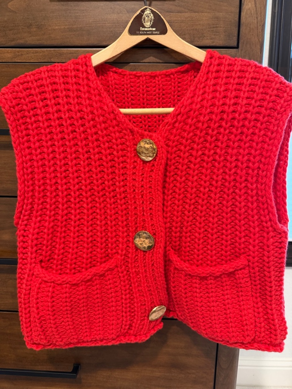Red Chunky Knit Button-Front Sweater Vest